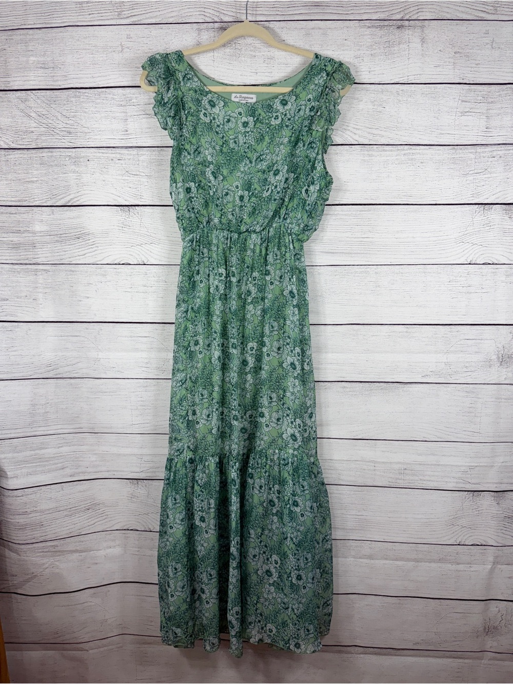 Le Ragazze Italy Floral Maxi Dress Green Silk Blend Ruffle Sleeve Sz M